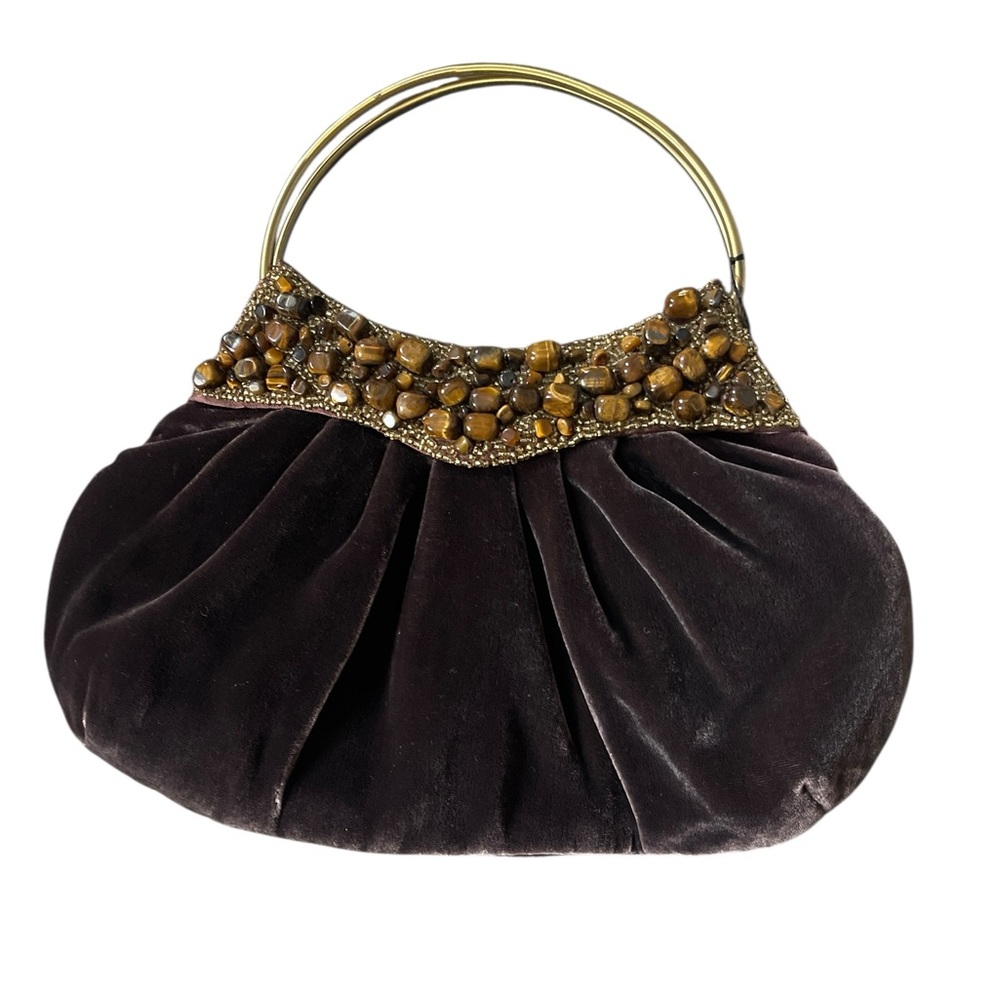 NWT Inge Christopher Velvet Embellished Brown Handbag